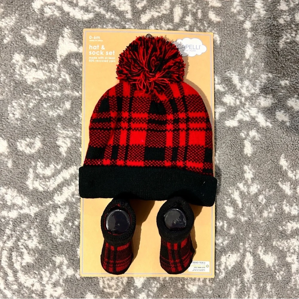 Capelli Red and Black Christmas Holiday Hat and Socks 0-6 months
